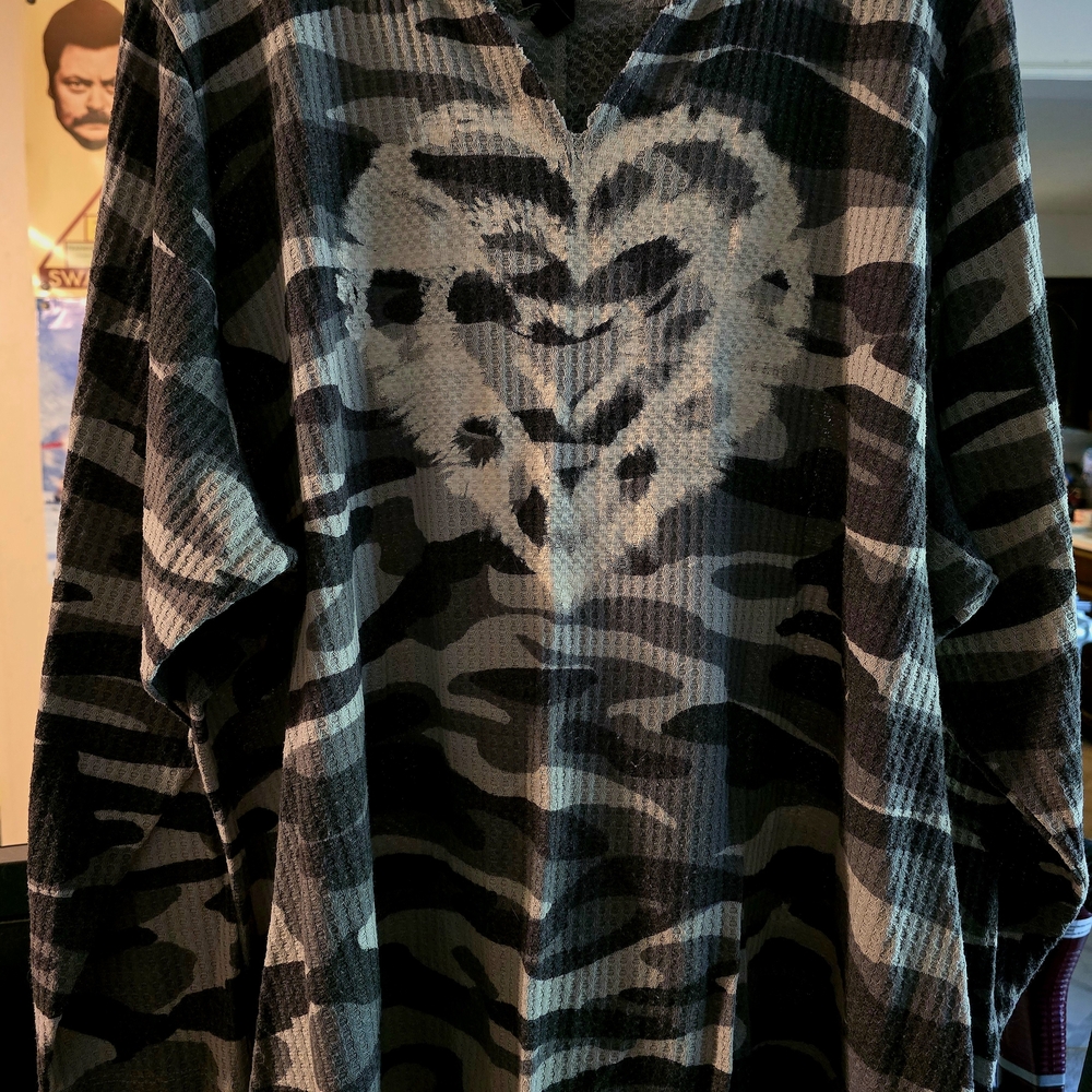 Camouflage V-Neck Sweater with Lion Design